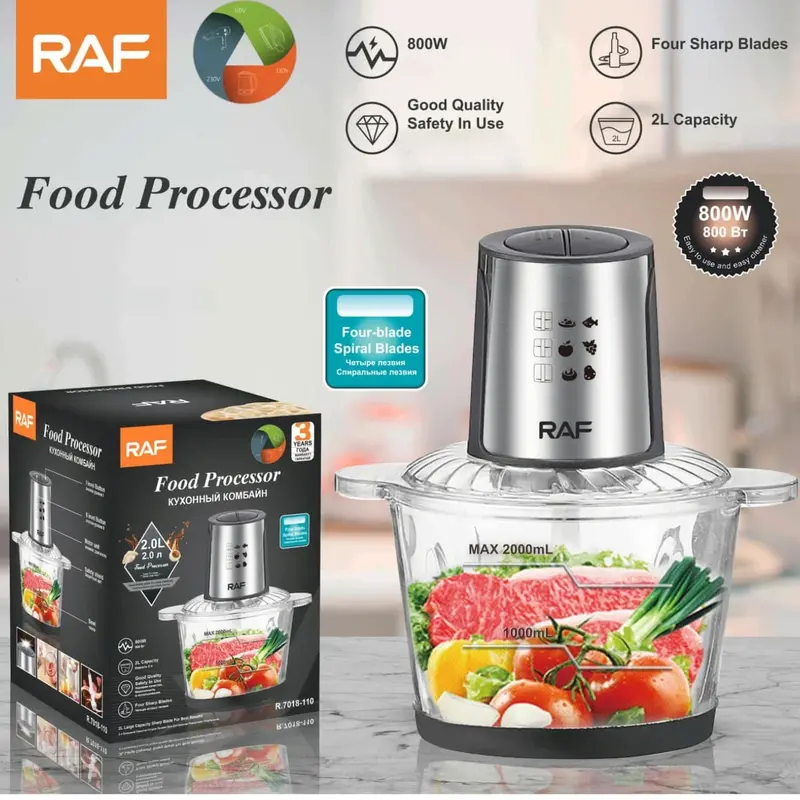 800W Food Processor – 2L Glass Bowl, 4 Spiral Blades, Versatile Chopping & Mixing, 110V/60Hz 1