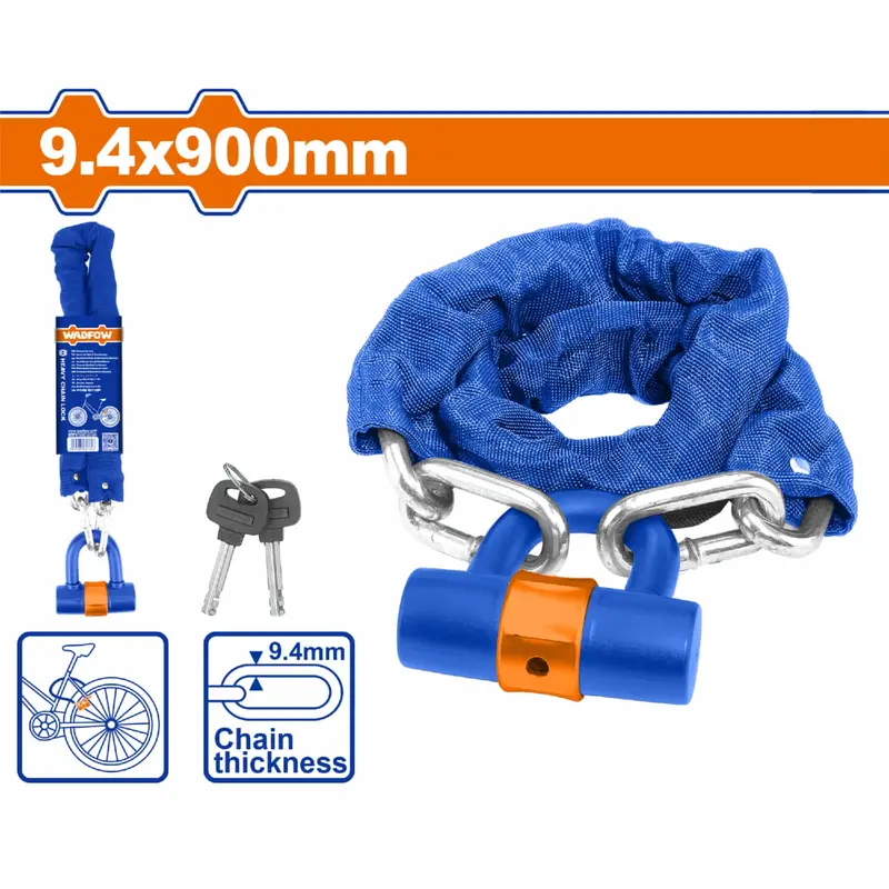 9.4 X 900 Mm Bicycle Chain Lock – Protective Fabric Sleeve, Dust Cap, And Two Keys Included 1
