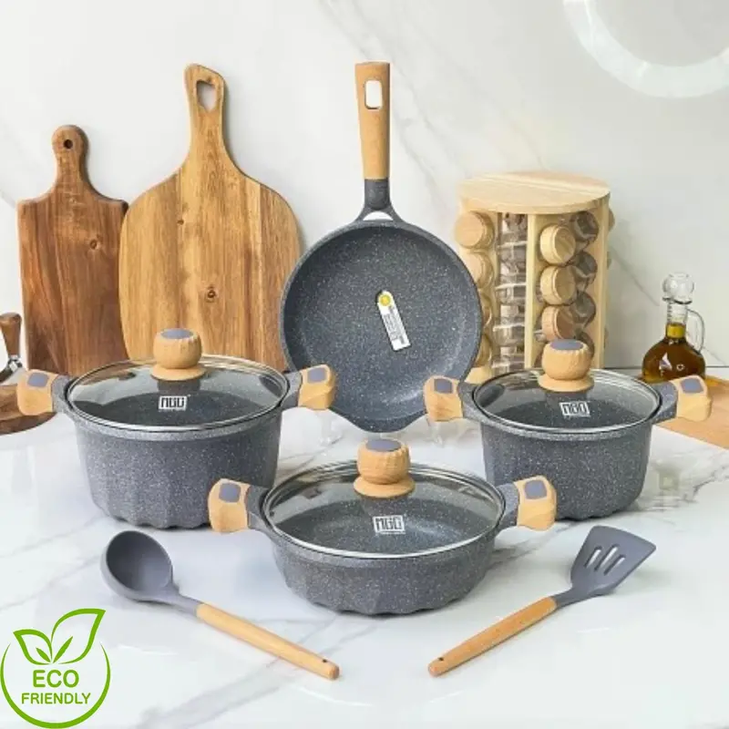 9-Piece Granite-Coated Nonstick Cookware Set – Eco-Friendly Forged Aluminum Pots & Pans (Teflon-Free, Gray Finish) 1