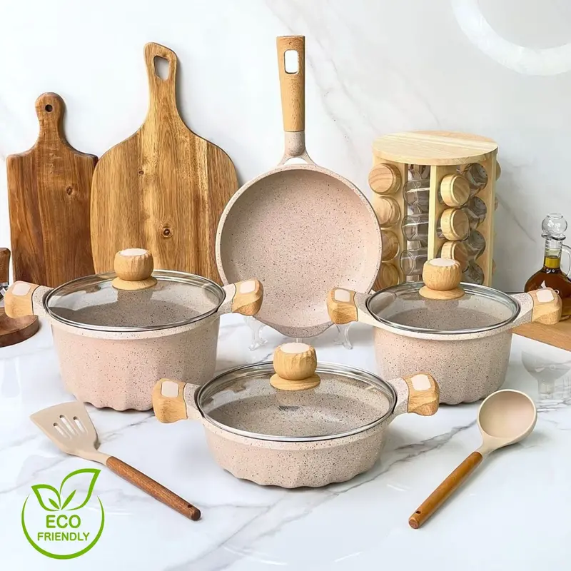 9-Piece Granite Non-Stick Cookware Set – Forged Aluminum, Eco-Friendly, Ptfe-Free, Beige Finish 1
