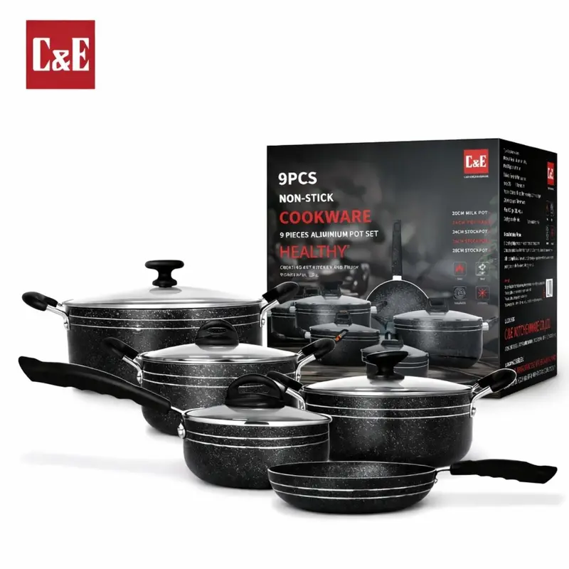 9-Piece Nonstick Cookware Set With Tempered Glass Lids & Heat-Resistant Bakelite Handles – Healthy Cooking & Easy Cleanup, 2.2 Mm Thick, Black 1