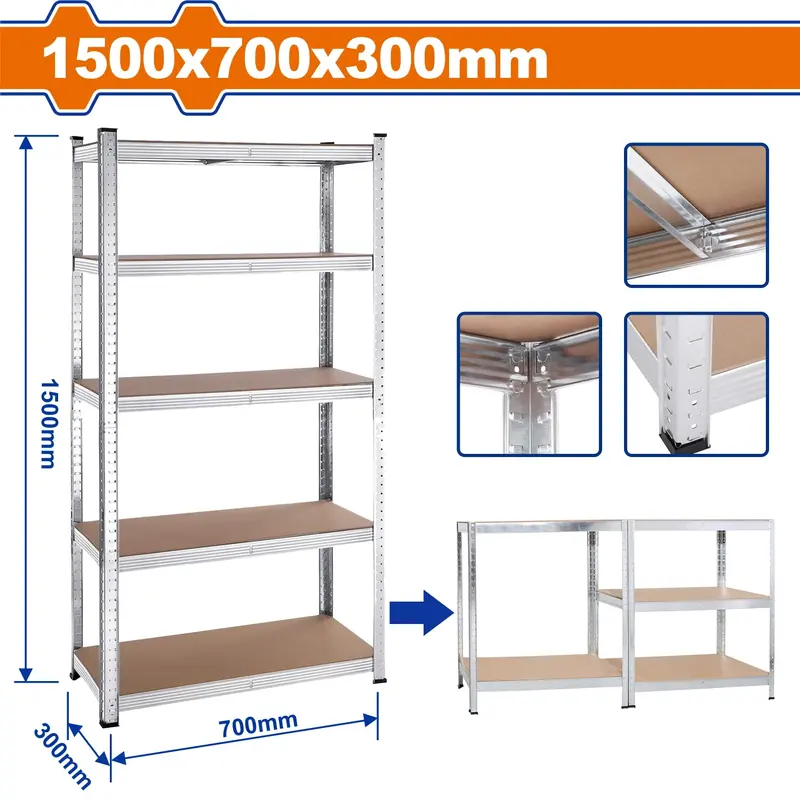 Adjustable 5-Tier Storage Rack – 1500 X 700 X 300 Mm, 175 Kg Load, Steel & Mdf Frame 1