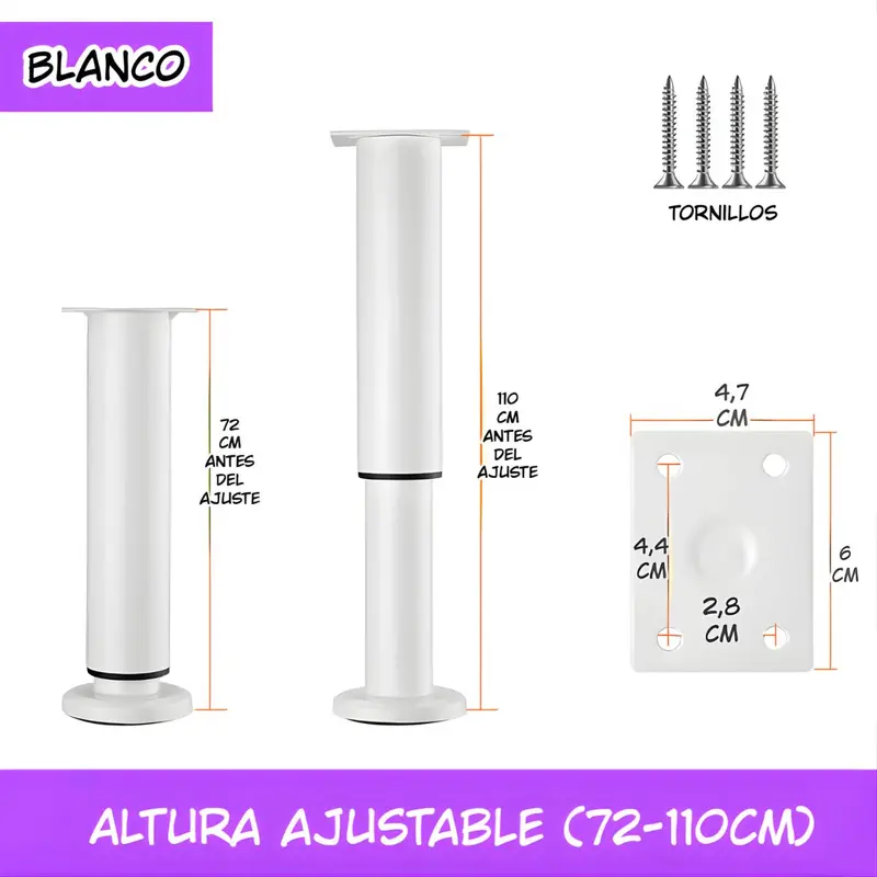 Adjustable Furniture Leg – 72–110 Cm Height, Reinforced White Metal Support For Sofas, Tables & Cabinets 1