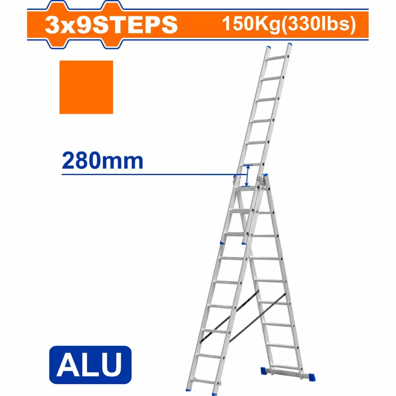 Aluminum Step-And-Extension Ladder – 3×9 Configuration, 150 Kg Max Load, 280 Mm Riser Height 1