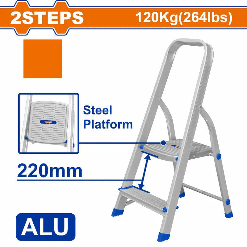 Aluminum Step Stool – 2-Step Design, 220 Mm Tread Spacing, 120 Kg Capacity, Steel Platform, Lightweight & Durable 1