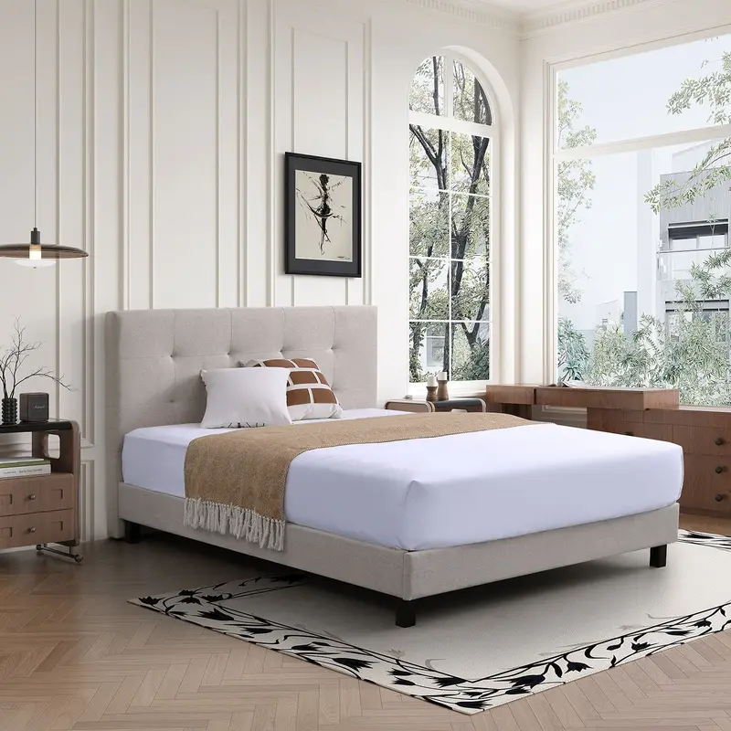 Beige Easy-Assembly Platform Bed With Upholstered High-Back Headboard 1