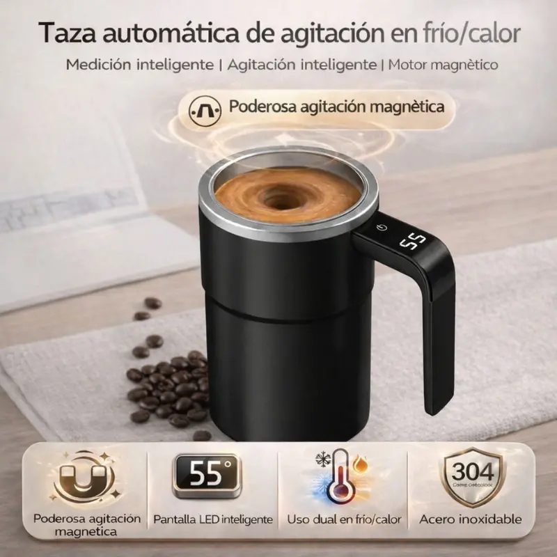 Black Automatic Stirring Mug – 380 Ml, Built-In Thermometer, Hot Beverage Mixer 1