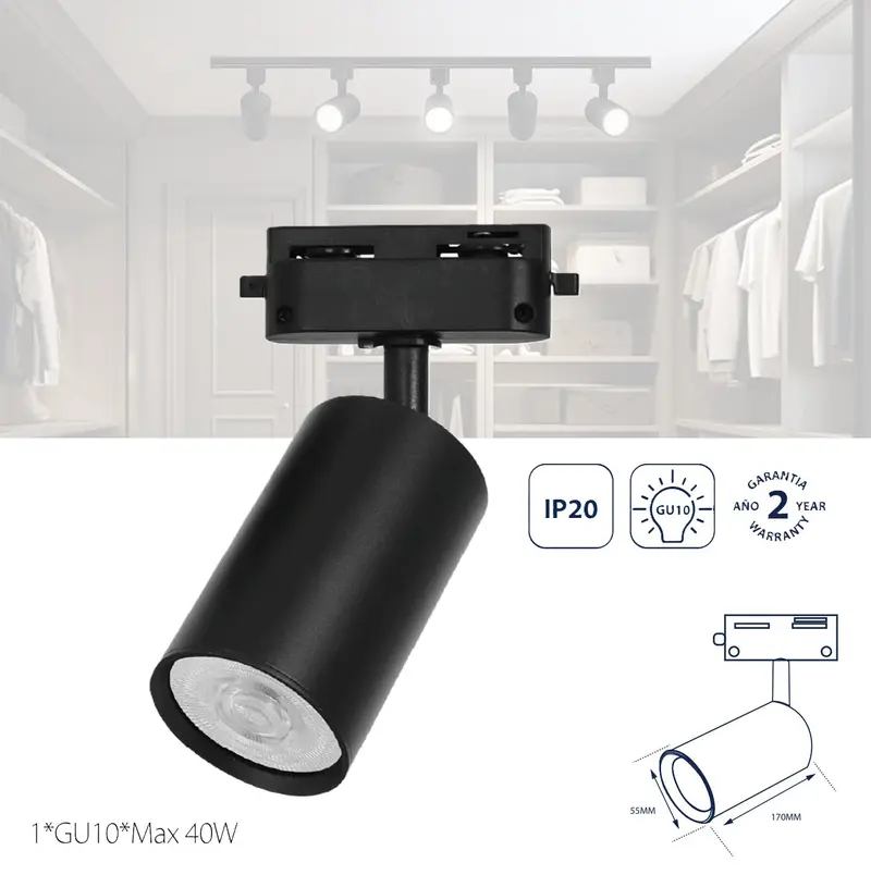 Black Gu10 Track Head – Single-Circuit Rail-Mounted Led Spotlight 1