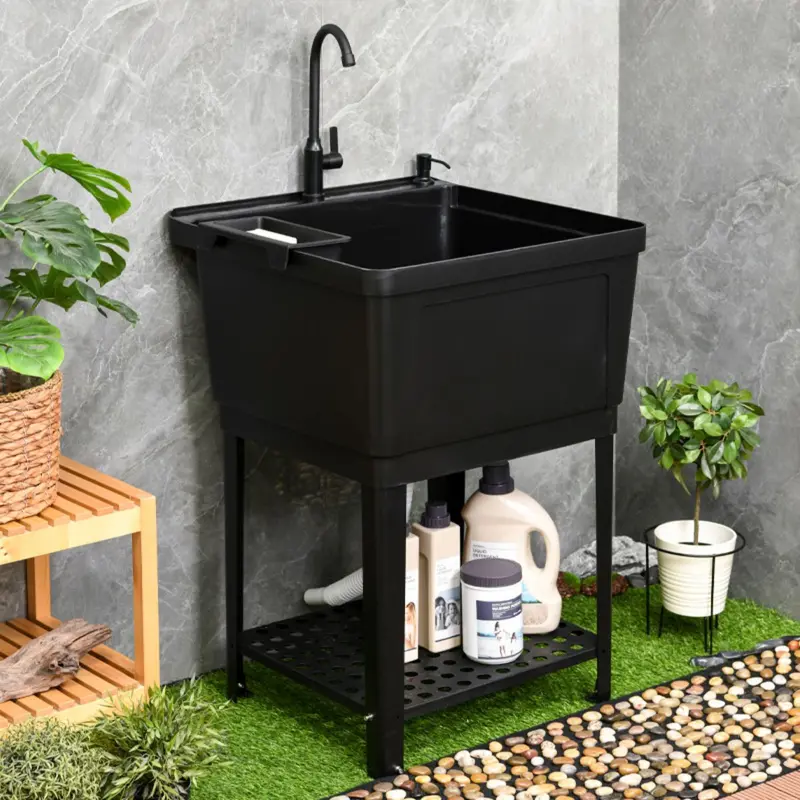 Black Plastic Laundry Sink With Faucet – 48X50 Cm Basin, 84 Cm Tall 1