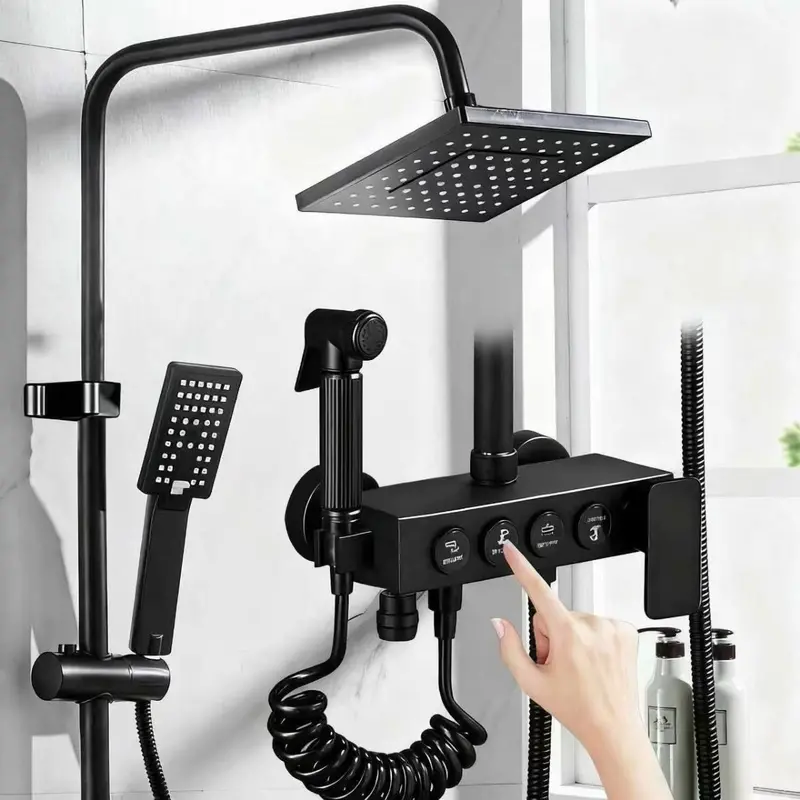 Black Rainfall Shower System – 4-Function Diverter Valve With Handheld Sprayer 1