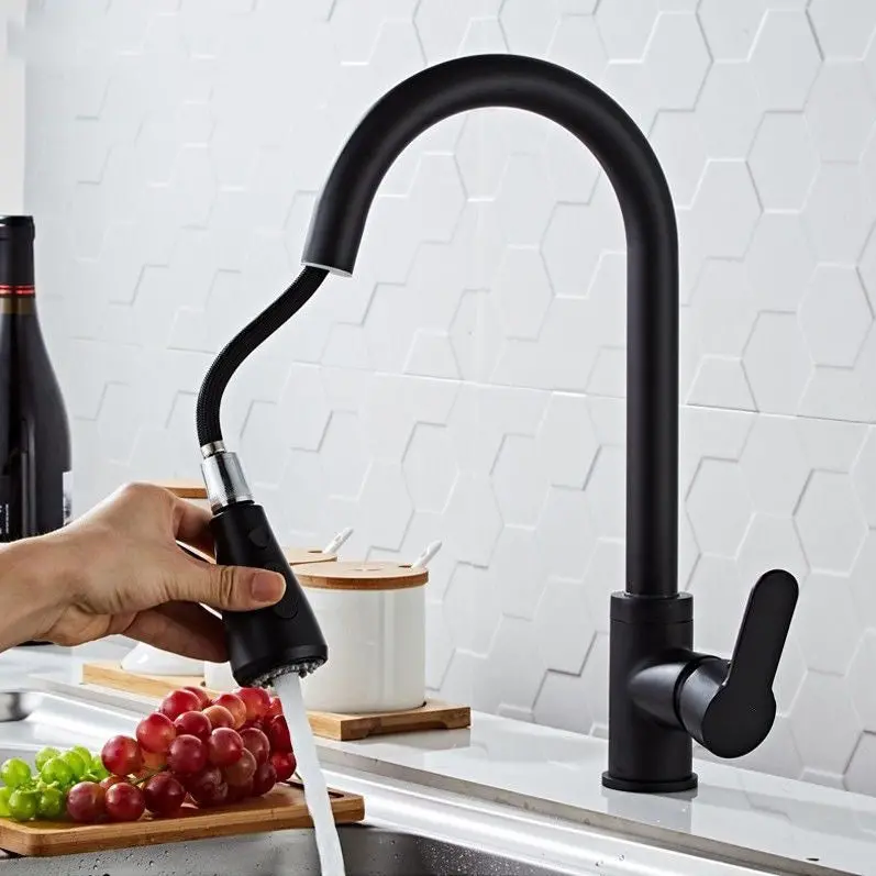 Black Retractable Kitchen Faucet With Hose 1