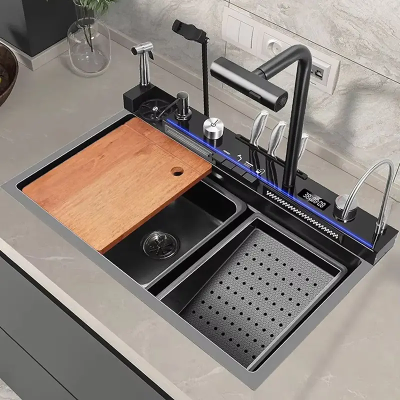 Built-In Kitchen Sink Scrubber – 85×46×22Cm Dual-Flow Stainless Steel Unit With Phone Holder 1