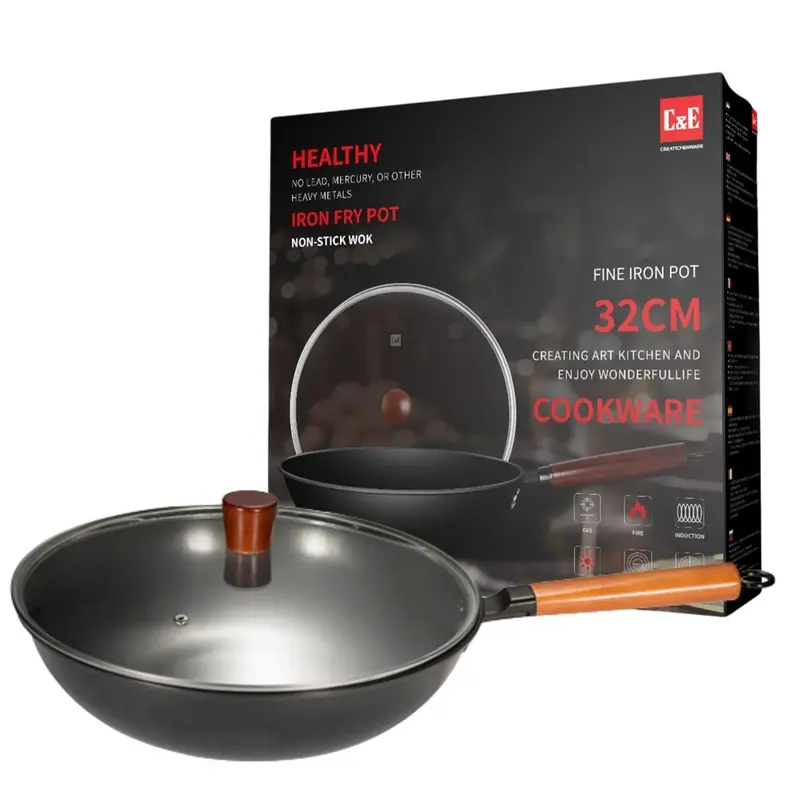 Cast Iron Wok With Tempered Glass Lid – 32 Cm (12.5"), Beechwood Handle, 2.3 Mm Base Thickness 1