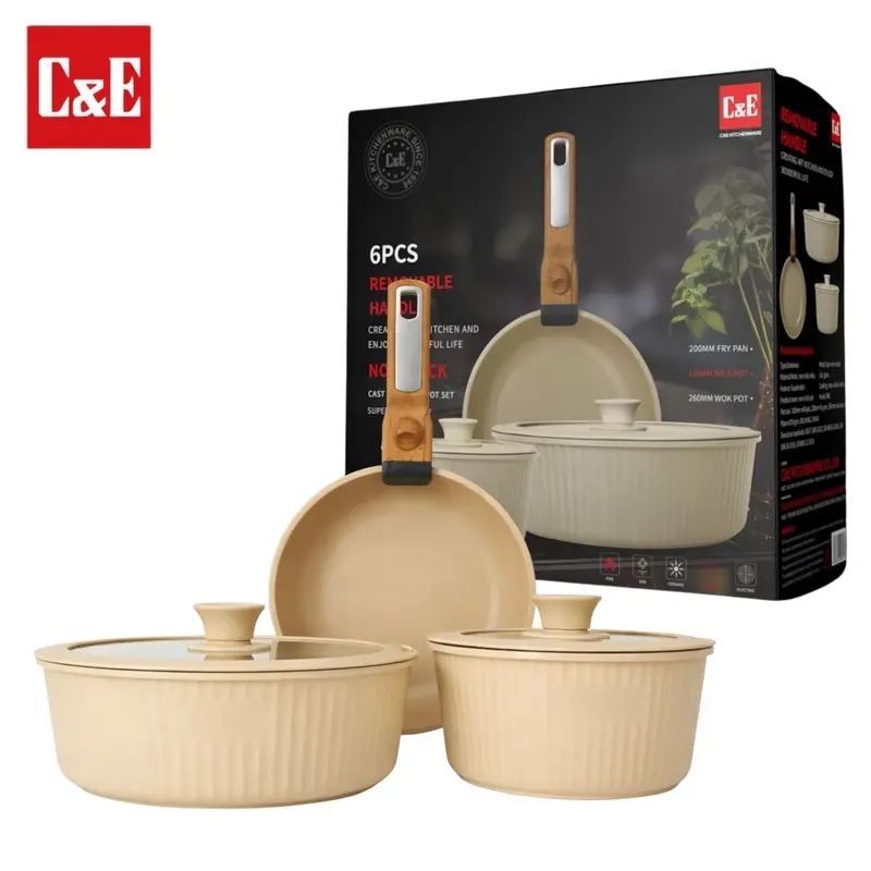 Ceramic Non-Stick Cookware Set – Detachable Wooden-Style Handles, Glass Lids, Beige Finish, 1.6 Mm Thickness 1