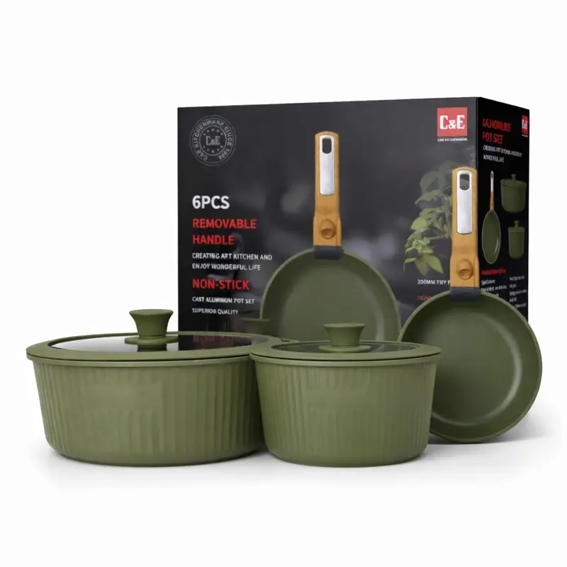 Ceramic Non-Stick Cookware Set – Detachable Wooden-Style Handles, Glass Lids, Emerald Green, 1.6 Mm Thickness 1