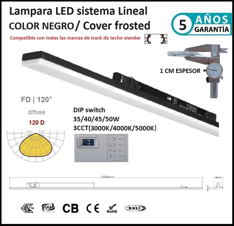 Commercial Linear Pendant Light – 1.5 M Black Frosted Fixture, 7000 Lm, 35–50 W Dimmable, Triple Voltage (100–227 V), Cct Adjustable (3000K/4000K/5000K), Cri ≥90 1