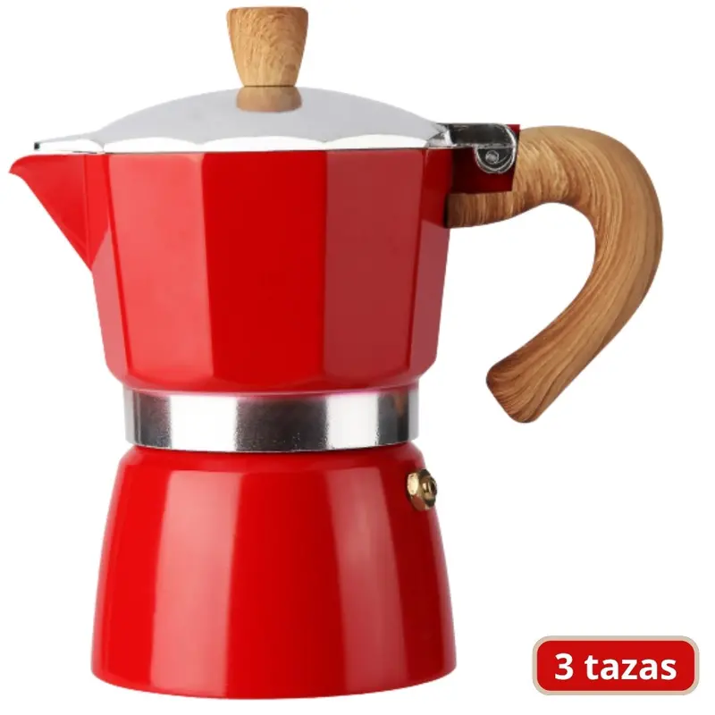 Compact Aluminum Moka Pot – 3-Cup (150 Ml) Food-Grade Stovetop Coffee Maker With Heat-Resistant Wooden Handle, Red 1