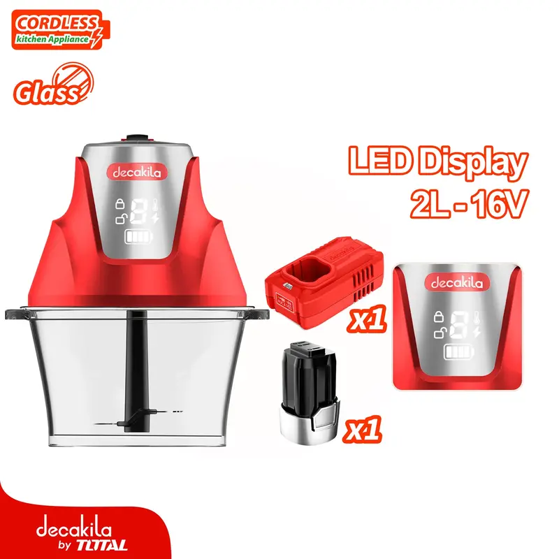 Cordless Food Chopper In Red – 2L Glass Bowl, Stainless Steel Blades, 16V Power; Includes Rechargeable Battery And Charger 1