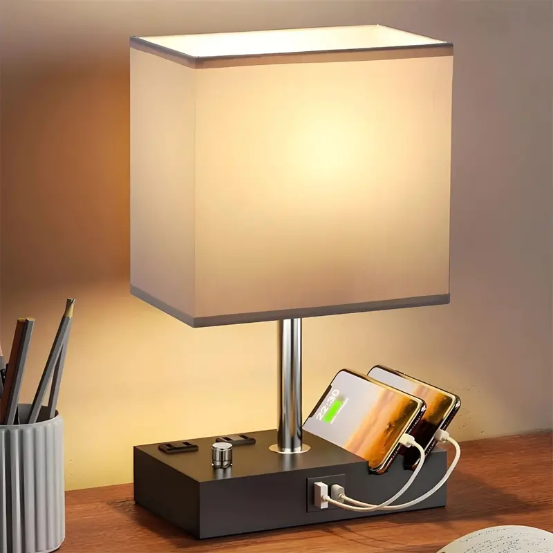 Dimmable Gray Desk Lamp With Built-In Charging Station – 2 Ac Outlets + Usb-A & Usb-C Ports 1