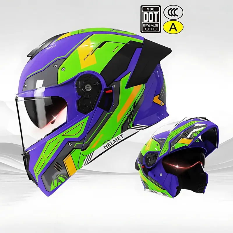 Dot/3C-Certified Modular Motorcycle Helmet – Purple & Green Matte Finish, Clear Visor, Universal Fit 1