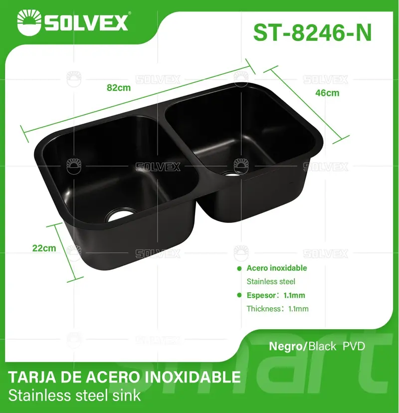 Double-Basin Kitchen Sink 82X46X22 Cm – Matte Black Stainless Steel 1