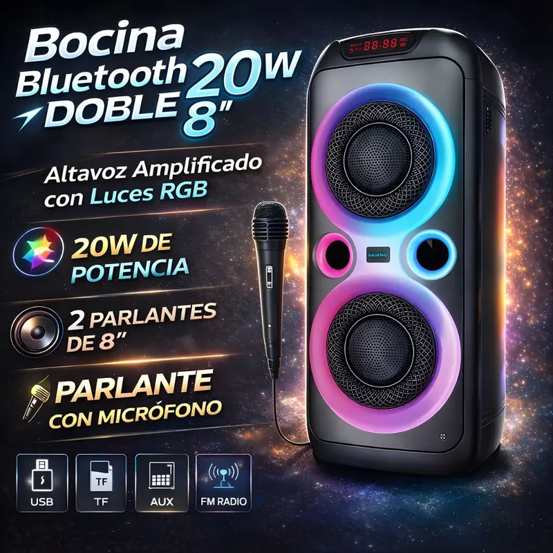Dual 8″ 20W Portable Bluetooth Speaker – Rgb Illumination, Built-In Mic, Usb/Tf/Aux/Fm Playback 1