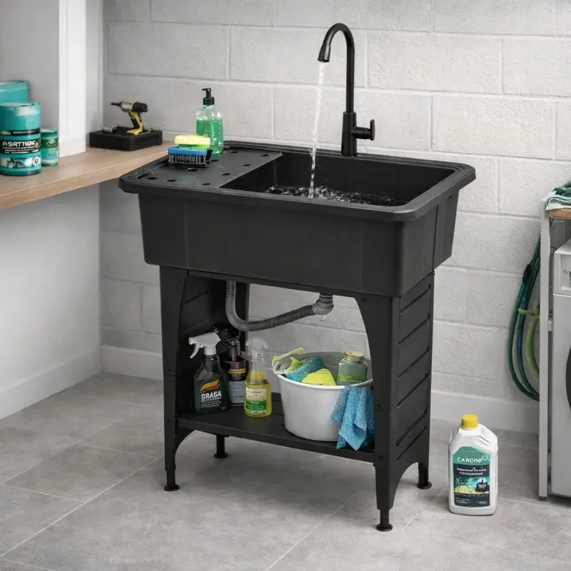 Elevated Laundry Sink With Faucet And Adjustable Legs – 83 × 90Cm Black Utility Tub For Balconies, Patios, Or Laundry Rooms 1