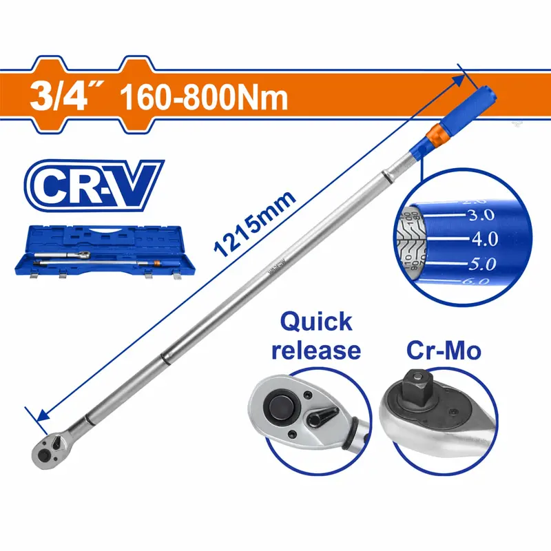 Extendable Torque Wrench – 3/4" Drive, 160–800 Nm, Cr-V/Cr-Mo Alloy, Quick-Release, 1215 Mm Length, ±4% Accuracy 1
