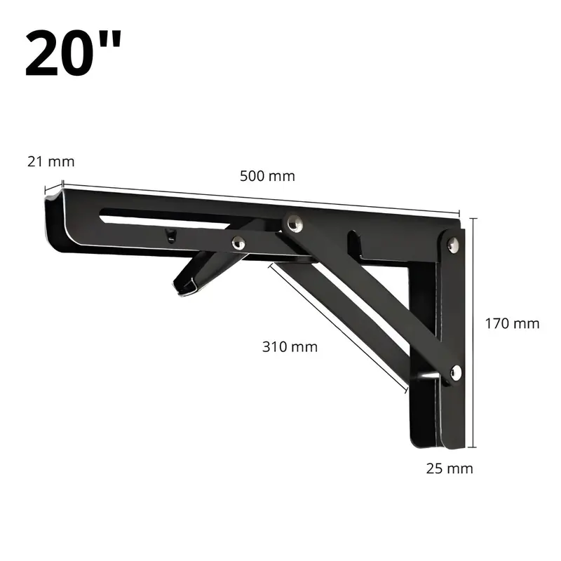Foldable Cold-Rolled Steel Shelf Bracket – 20-Inch (50.8 Cm) Black Wall-Mount Support Arm (Sold Individually) 1