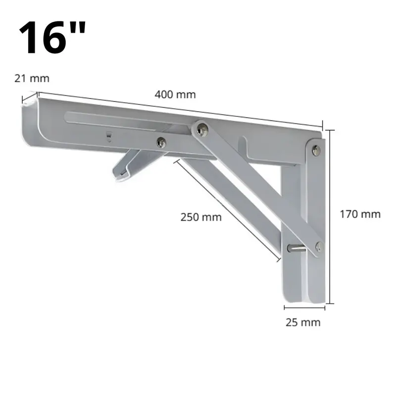 Foldable Metal Shelf Bracket – 16" (40.64 Cm) Cold-Rolled Steel – White Wall-Mounted Support Arm (Sold Individually) 1