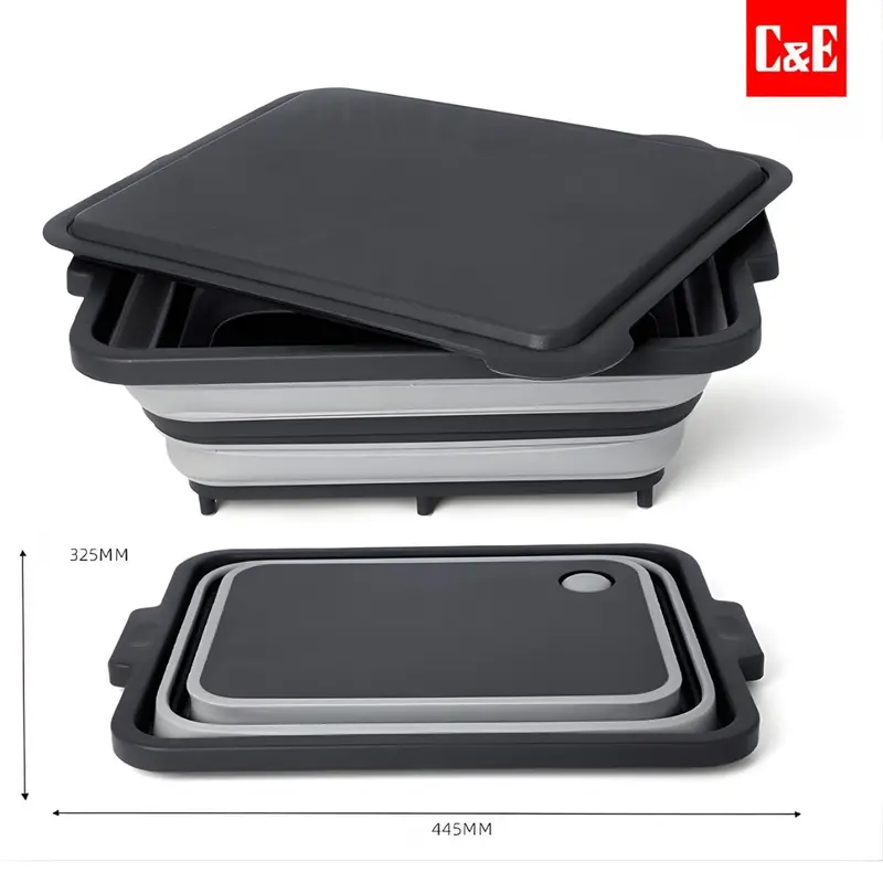 Foldable Multifunctional Storage Basket – Compact Organizer With Lid, Includes Cutting Board, 41.8 × 29.9 × 13 Cm (Open), Gray 1