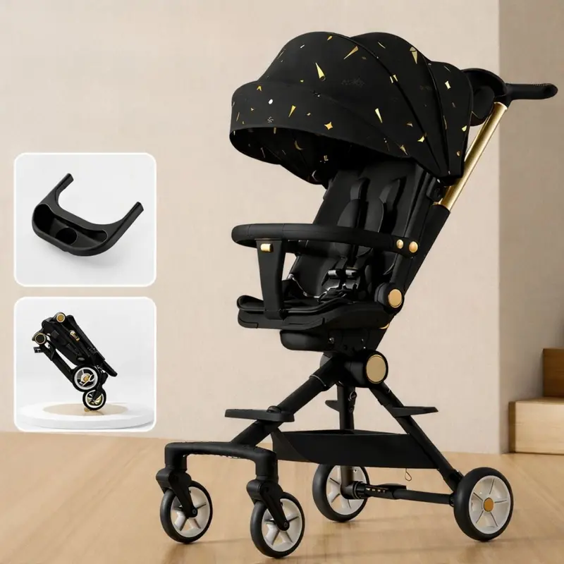 Foldable Reversible Baby Stroller – Uv-Protective Canopy, Removable Tray, Shock-Absorbing Wheels, Lightweight Black & Gold Design 1