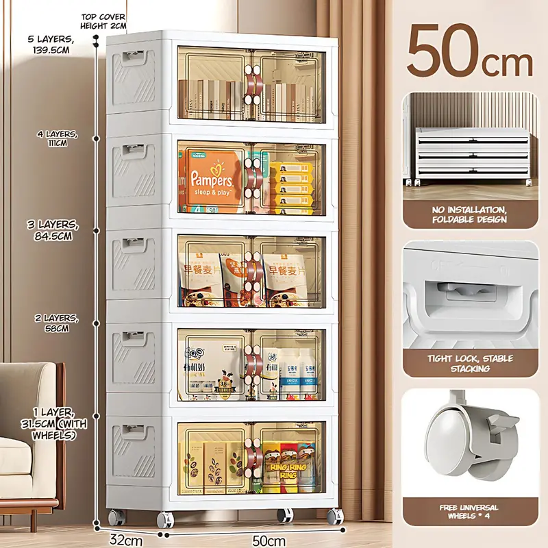 Foldable Rolling Storage Cabinet – Transparent-Door Modular Unit With Stackable Drawers (50 Cm Wide) 1