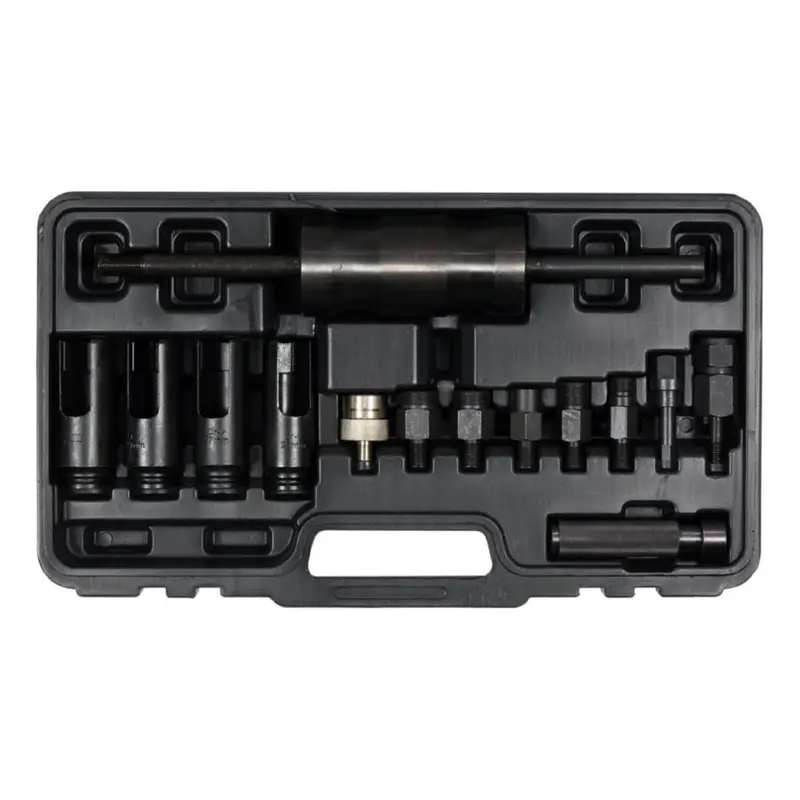 Fuel Injector Puller Kit – Includes Slide Hammer, Four 1/2" Sockets (25–30 Mm), Anti-Theft Wrench, And Five Brand-Specific Adapters (Bosch, Delphi, Denso, Siemens); 14-Piece Set 1