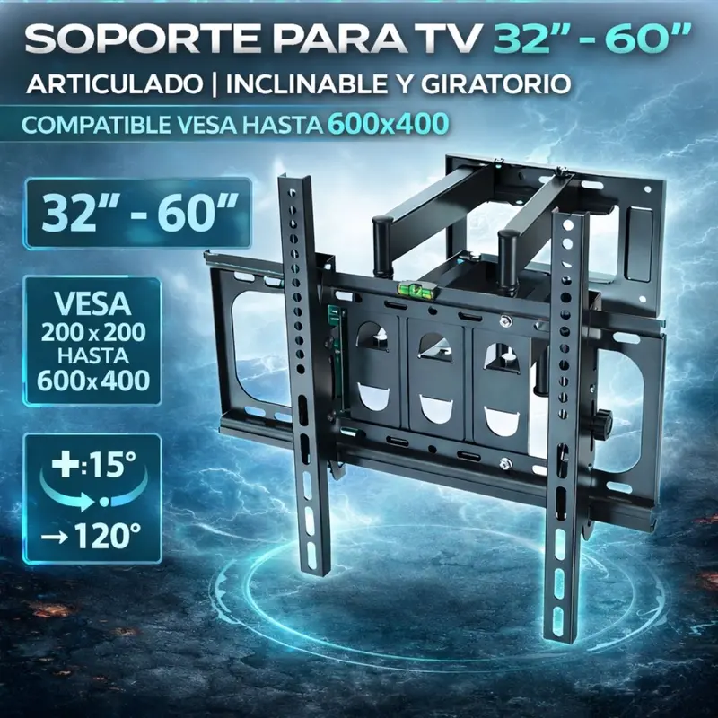 Full-Motion Wall Mount For Tvs 32–60 Inches – Tilt (±15°), Swivel (Up To 120°), Vesa-Compatible Up To 600×400 Mm 1