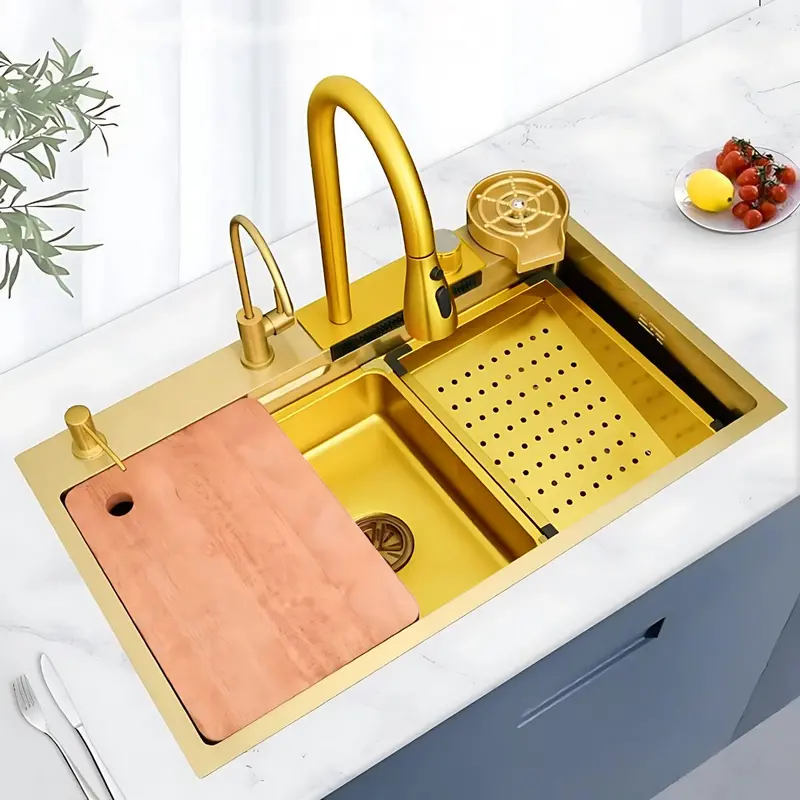 Gold Multi-Function Kitchen Faucet – Extendable Pull-Down Sprayer, High-Pressure Dishwasher & 75×45 Cm Cutting Board Sink Combo 1