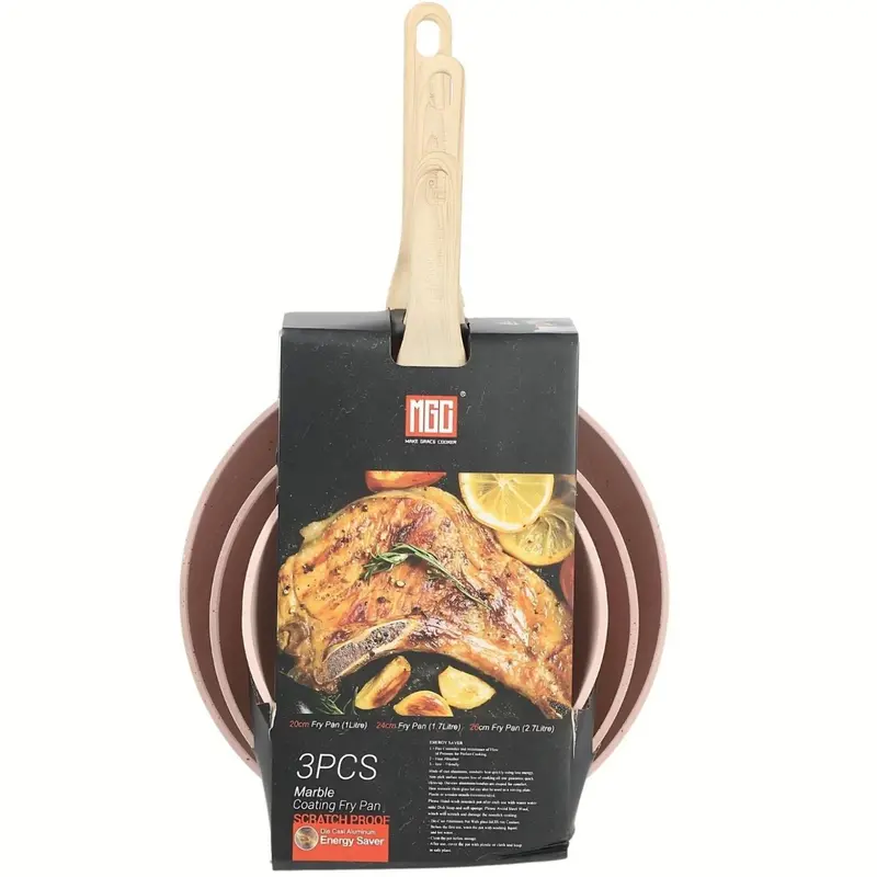 Granite-Coated Non-Stick Skillet Set – 3-Piece Forged Aluminum Cookware (20/24/28 Cm) With Wood-Effect Handles, Pfoa-Free 1
