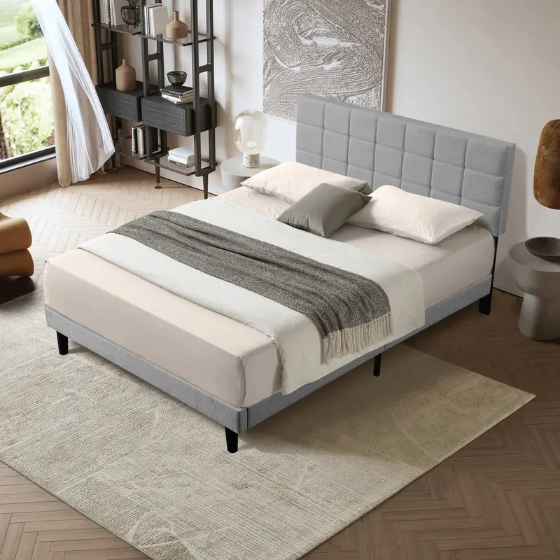 Gray Easy-Assembly Platform Bed Featuring Padded Headboard And Supportive Backrest 1