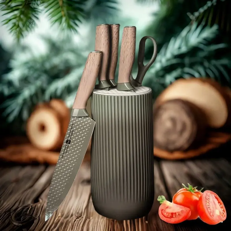 Green Kitchen Knife Set – 6-Piece Textured Non-Stick Cutlery With Stand 1