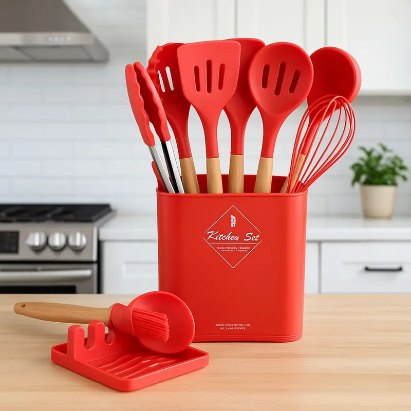 Heat-Resistant Silicone And Wood Kitchen Utensil Set – 13-Piece Non-Stick Cooking Tools (Red) 1