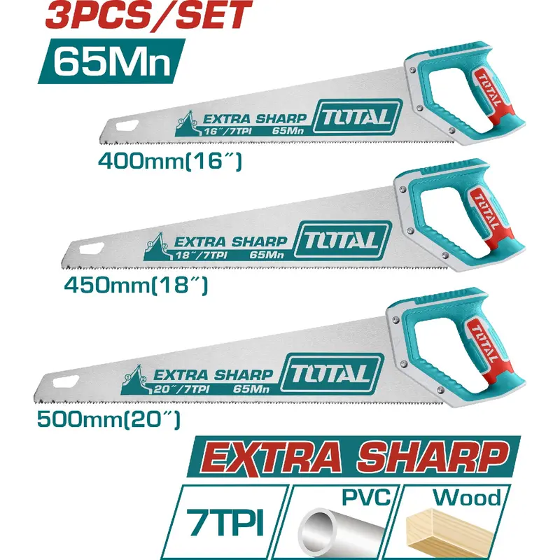 Heat-Treated Hand Saws – 16", 18", 20" With 7Tpi Blades (65Mn Steel) – 3-Piece Set 1