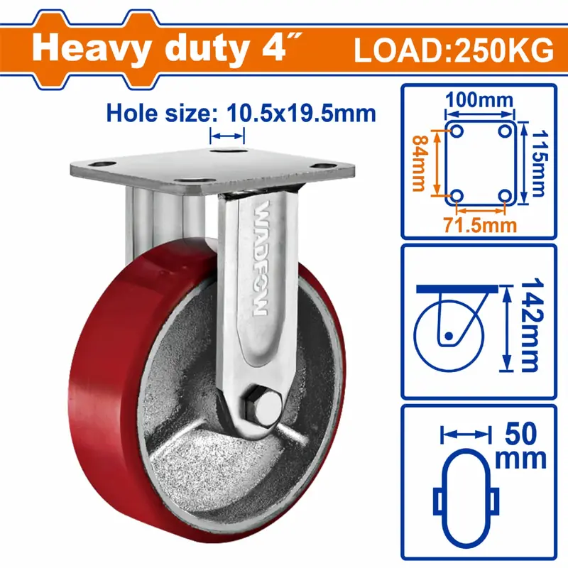 Heavy-Duty 4-Inch Rigid Caster – 250 Kg Load Capacity – Steel Core With Red Plastic Housing – Smooth-Rolling Design 1