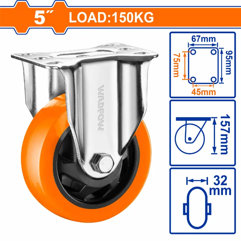 Heavy-Duty 5-Inch Rigid Caster – 150 Kg Load Capacity, Orange Polyurethane Wheel 1