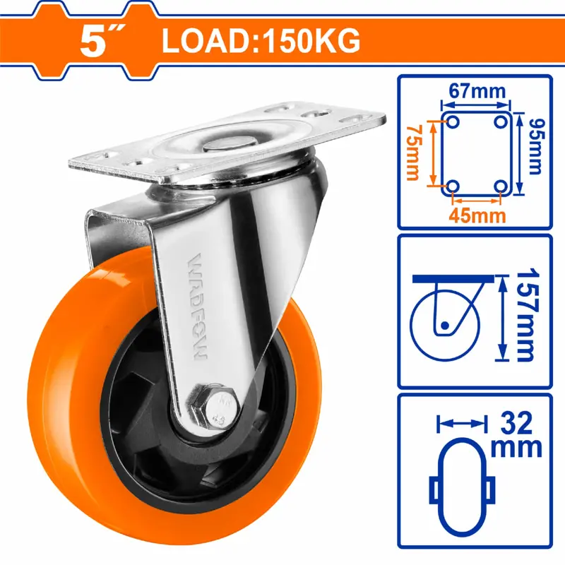 Heavy-Duty 5-Inch Swivel Caster With Brake – 150 Kg Load Capacity, Orange Polyurethane Wheel 1