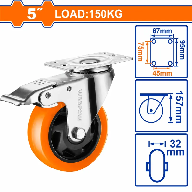 Heavy-Duty 5" Swivel Casters With Brake – 150 Kg Load Capacity Per Wheel, Orange Polyurethane (Pu) 1