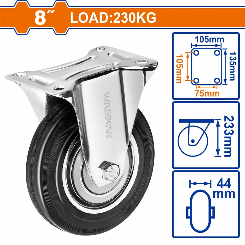 Heavy-Duty 8-Inch Rigid Caster Wheel – 230 Kg Load Capacity, Steel Core With Rubber Tread 1