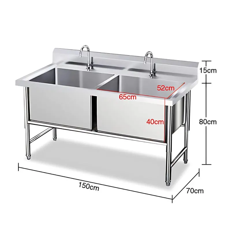 Heavy-Duty Double-Basin Industrial Sink – 201 Stainless Steel, 150X70X80Cm Overall, 40Cm Depth, Each Basin Measures 65X52Cm 1