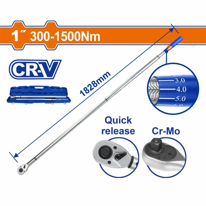 Heavy-Duty Extendable 1" Torque Wrench – 300–1500 N·M Range, Chrome-Plated Cr-V/Cr-Mo, Quick-Release Design, 1828 Mm Length (±4%) 1