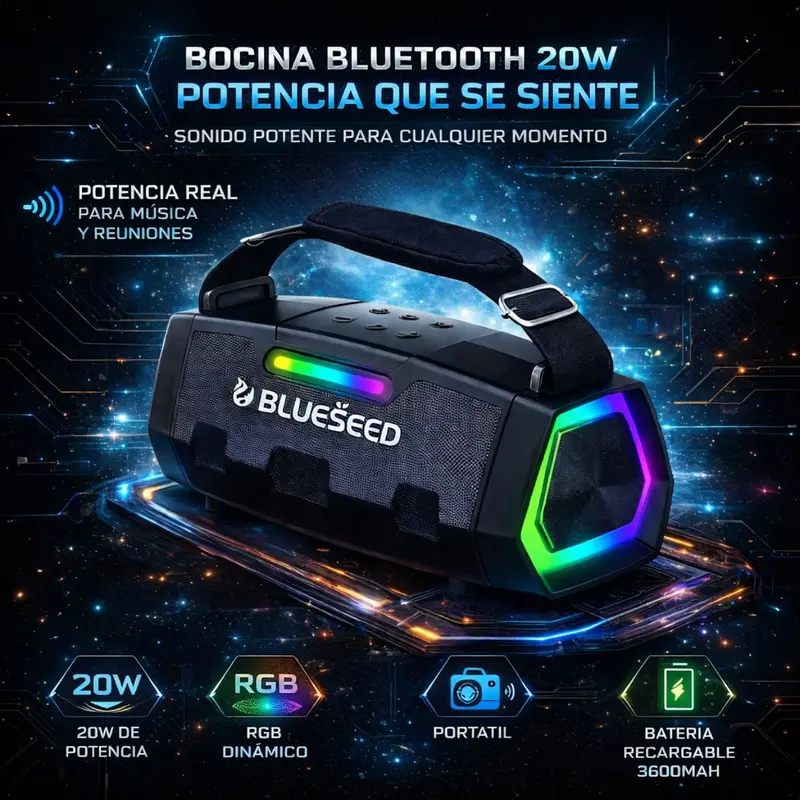 High-Power 20W Portable Bluetooth Speaker – Rgb Light Effects, Rechargeable 3600 Mah Battery, Wireless Audio Streaming 1