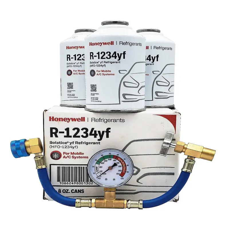 Honeywell R1234Yf Refrigerant – 8 Oz (226 G) Cans × 3, Includes Pressure Gauge & Dispensing Nozzle 1